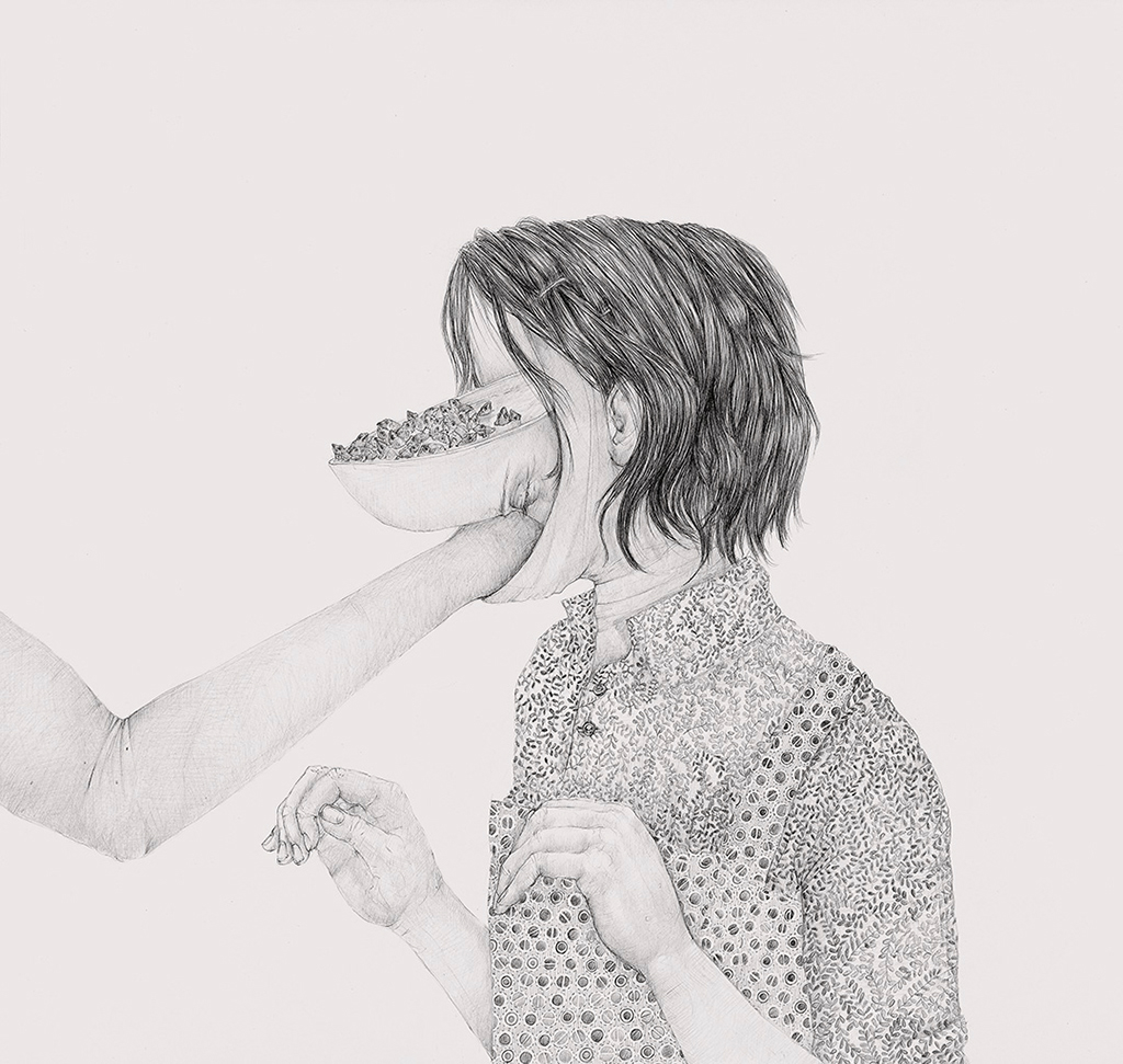 Woman having an arm shoved into and under her face