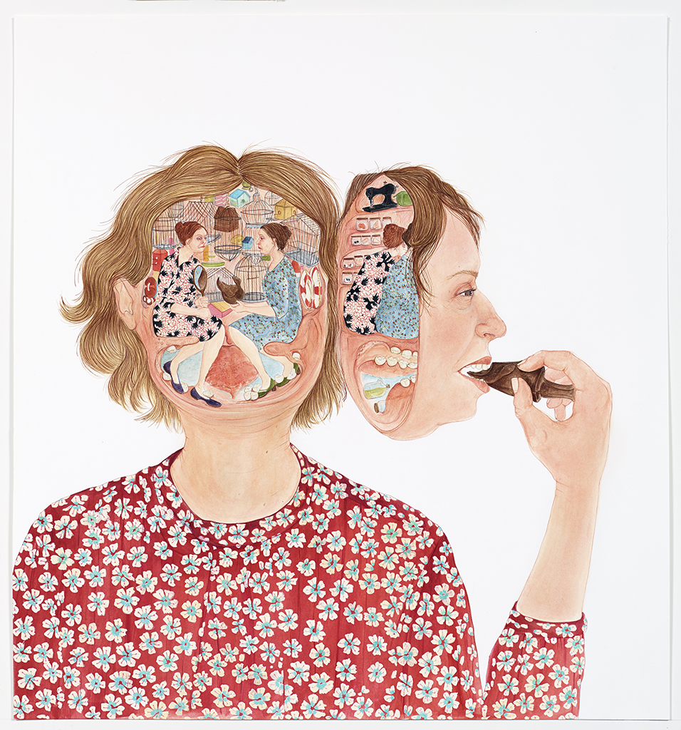 Two women sitting in the open head of another woman