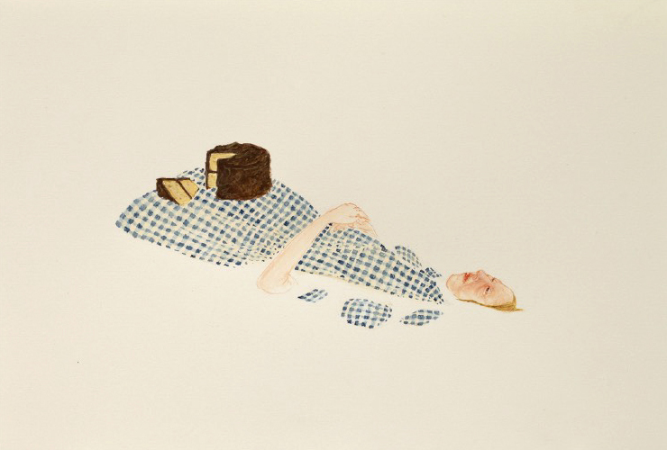 Woman with a cake floating in a milky liquid