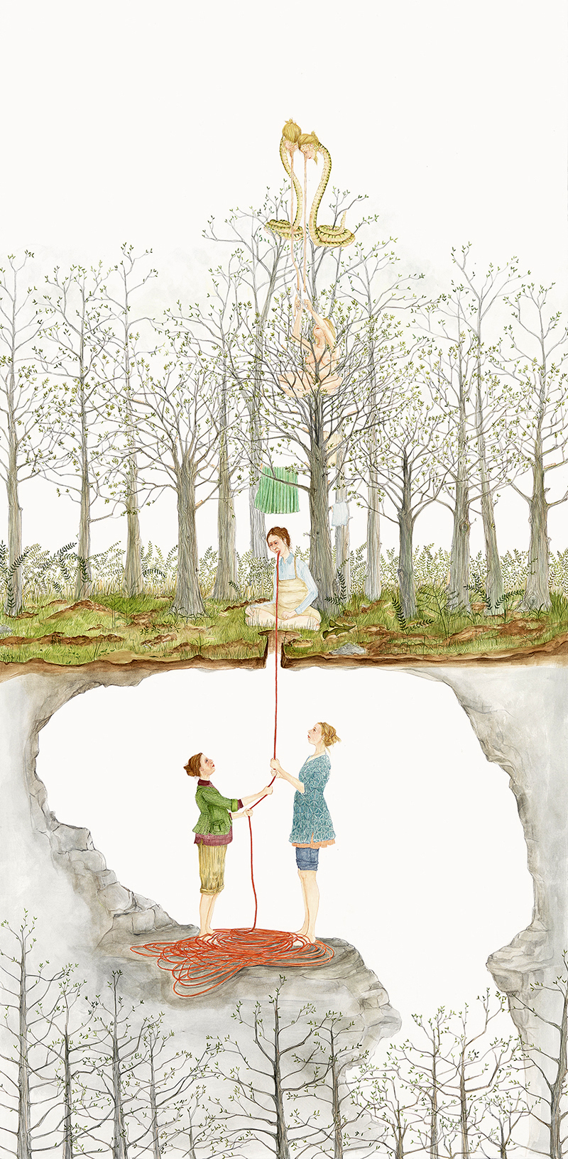 Two women pulling on a red rope
