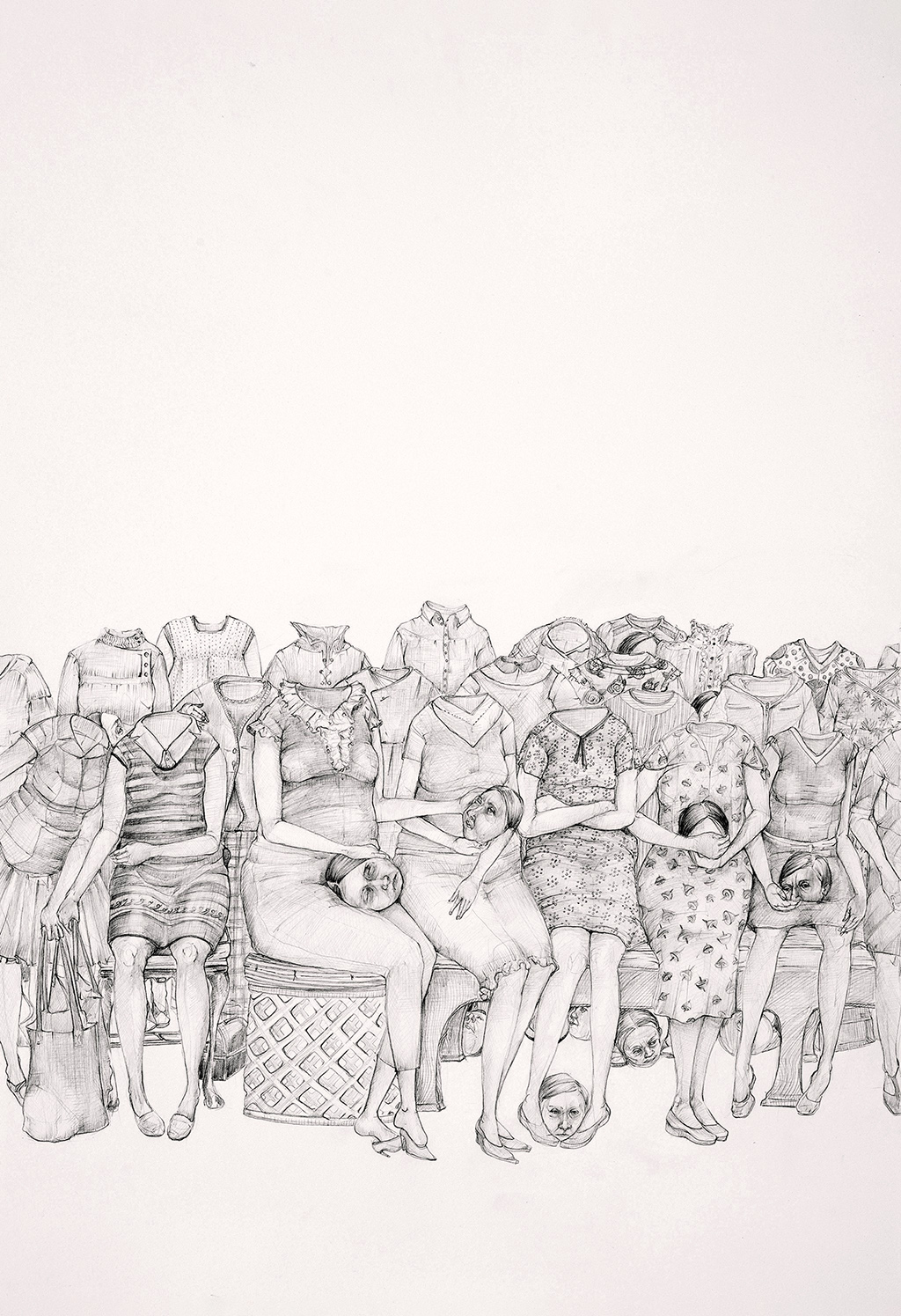 a seated group of headless women, some holding their heads on their laps