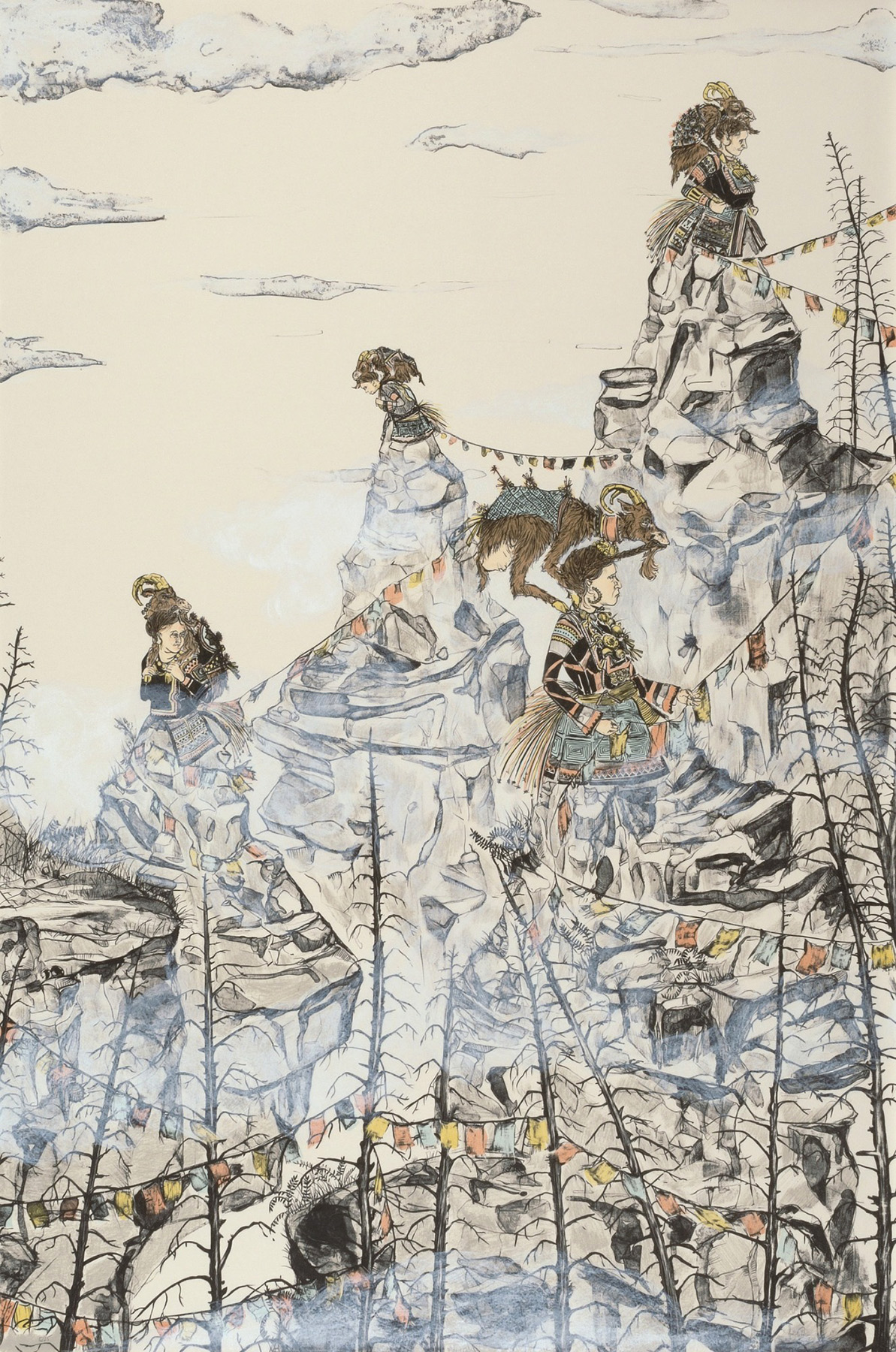 Women with alpine goats on top of mountain peaks