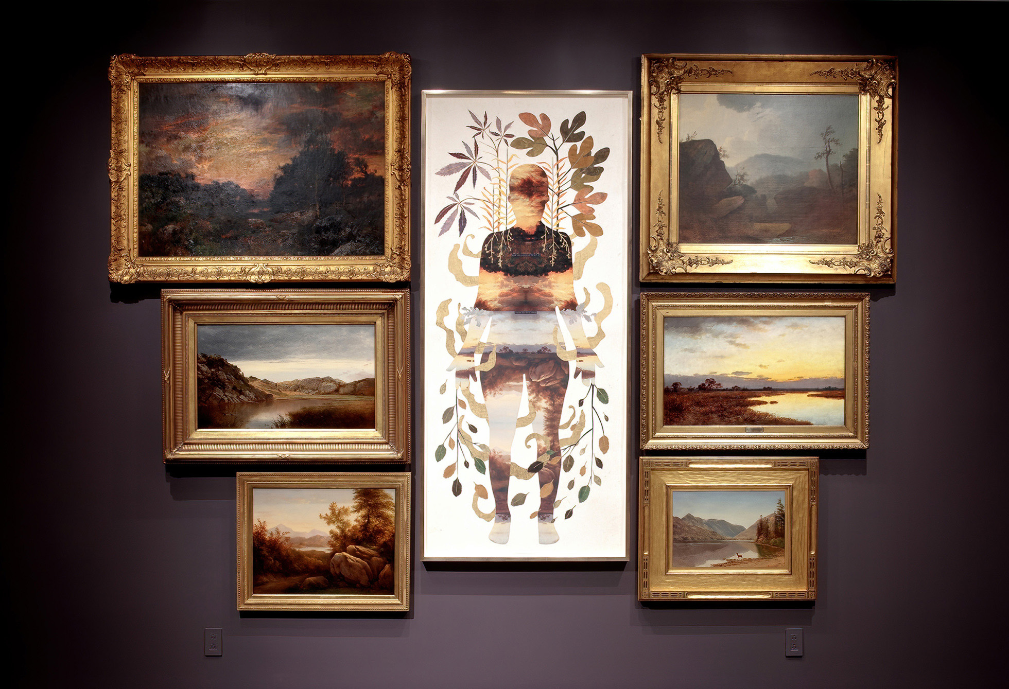 installation view with self-portrait and Hudson River paintings